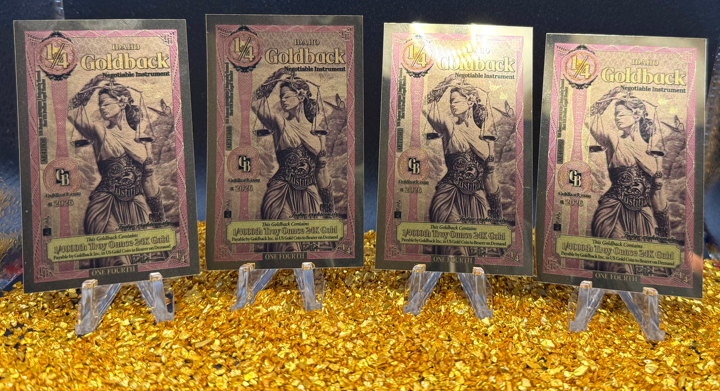 1/1000 OZT 24K GOLD 4x 1/4 IDAHO GOLDBACK AURUM NOTES ALPHA + SLEEVE