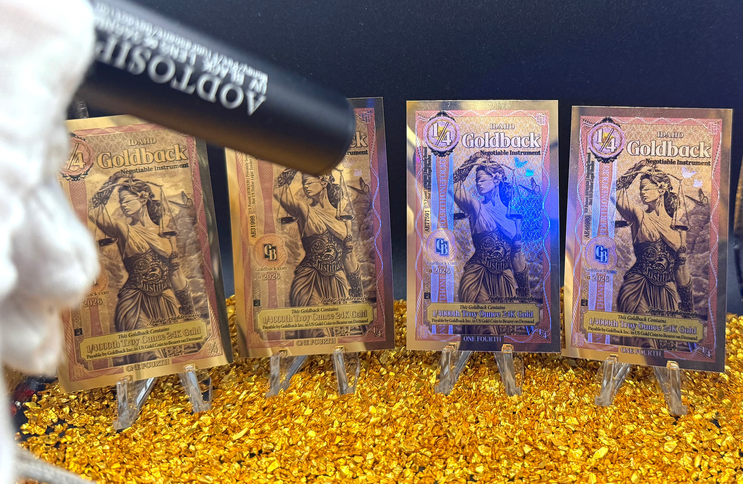 1/1000 OZT 24K GOLD 4x 1/4 IDAHO GOLDBACK AURUM NOTES ALPHA + SLEEVE