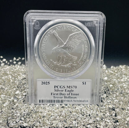 2025 $1 American Silver Eagle PCGS MS70 FDOI Legends of Life MLB Hall of Fame Trevor Hoffman Signed Label (Rare 1 of 15)
