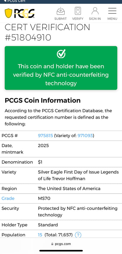 2025 $1 American Silver Eagle PCGS MS70 FDOI Legends of Life MLB Hall of Fame Trevor Hoffman Signed Label (Rare 1 of 15)