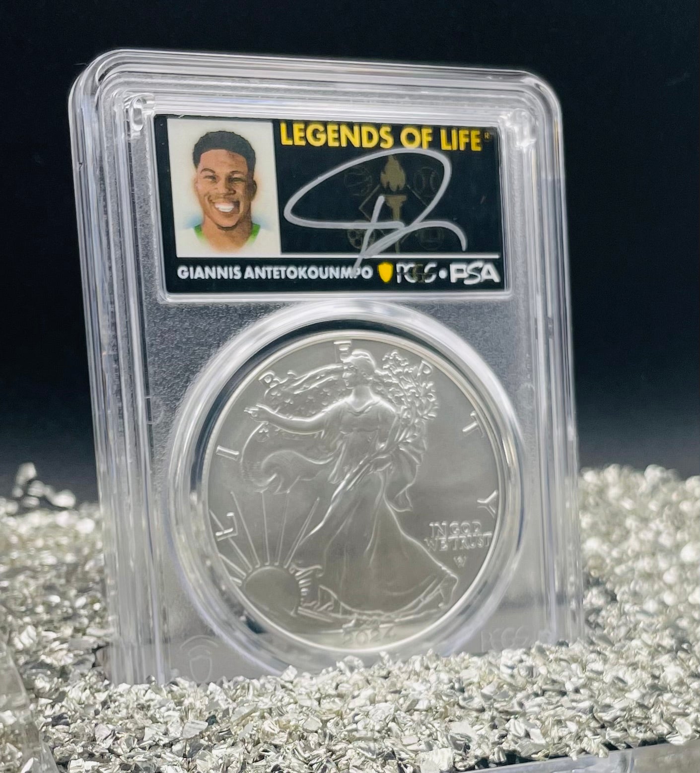 2024 $1 American Silver Eagle PCGS MS70 FDOI Legends of Life NBA Hall of Fame Giannis Antetokounmpo Signed Label (Rare 1 of 20)