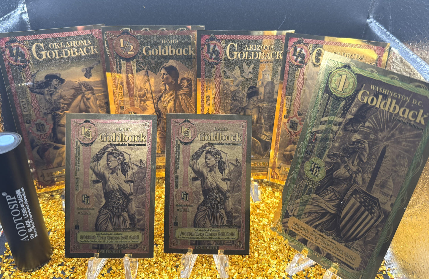 1/285 OZT 24K WASHINGTON DC, ARIZONA, FLORIDA, OKLAHOMA, IDAHO AURUM NOTES ALPHA + SLEEVE + UV LIGHT