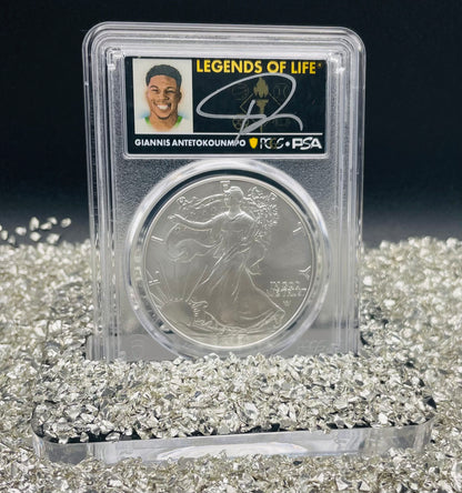 2024 $1 American Silver Eagle PCGS MS70 FDOI Legends of Life NBA Hall of Fame Giannis Antetokounmpo Signed Label (Rare 1 of 20)