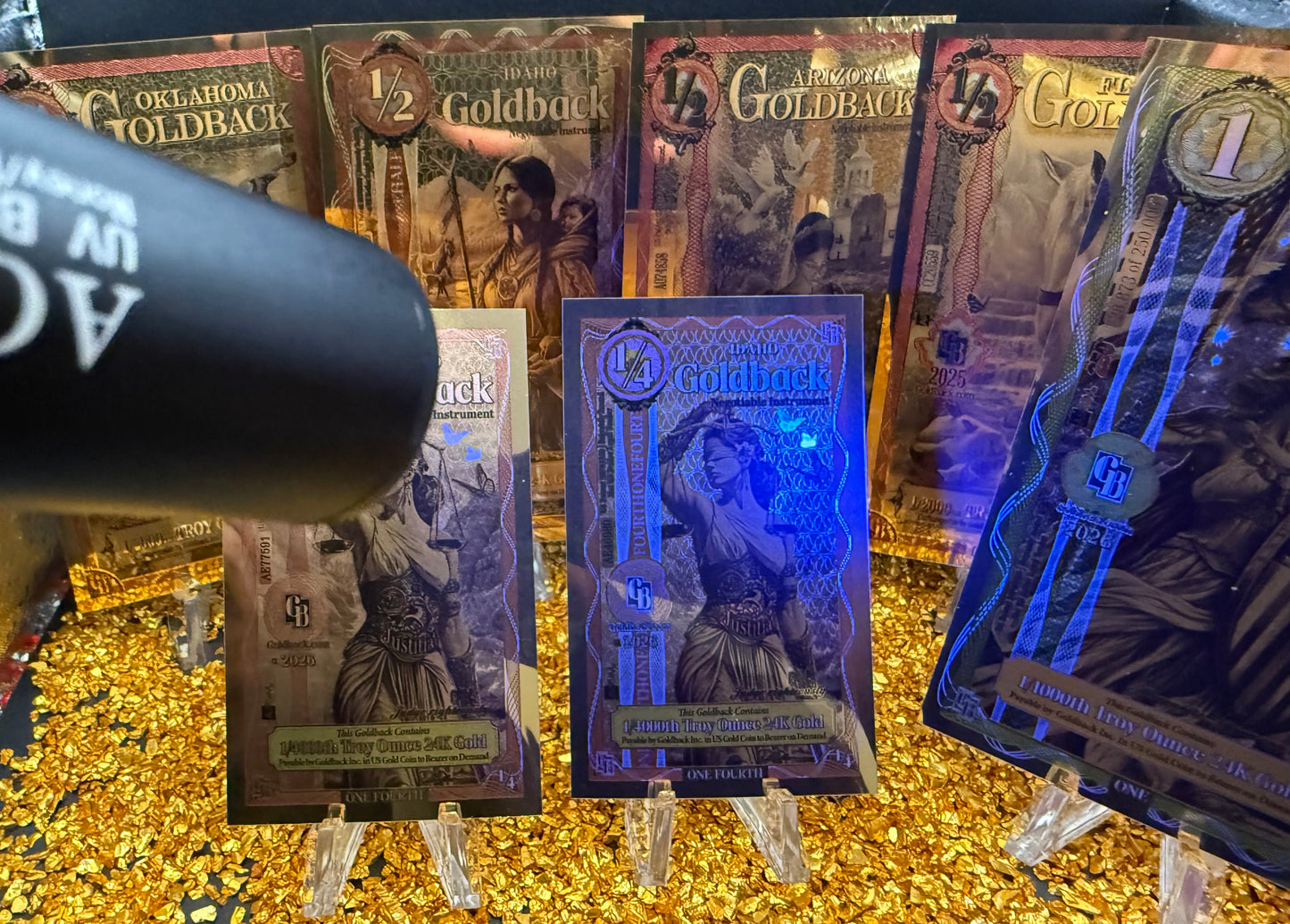 1/285 OZT 24K WASHINGTON DC, ARIZONA, FLORIDA, OKLAHOMA, IDAHO AURUM NOTES ALPHA + SLEEVE + UV LIGHT