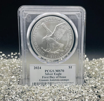 2024 $1 American Silver Eagle PCGS MS70 FDOI Legends of Life NBA Hall of Fame Giannis Antetokounmpo Signed Label (Rare 1 of 20)