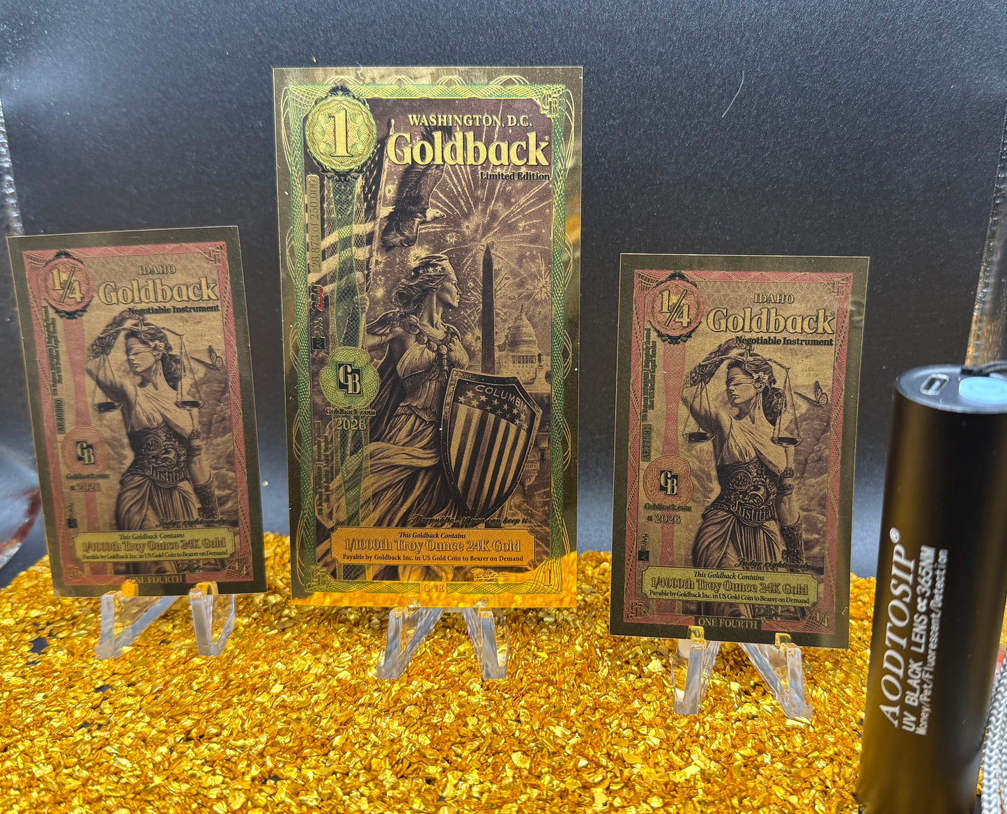 1/666 OZT 24K 1x1 WASHINGTON DC 2 x 1/4 IDAHO GOLDBACK AURUM NOTE ALPHA UV LIGHT