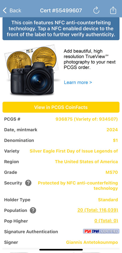2024 $1 American Silver Eagle PCGS MS70 FDOI Legends of Life NBA Hall of Fame Giannis Antetokounmpo Signed Label (Rare 1 of 20)