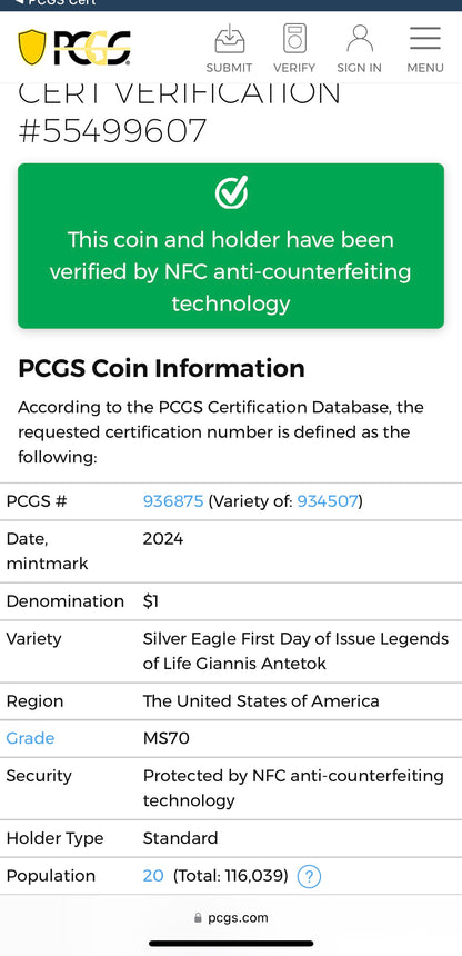 2024 $1 American Silver Eagle PCGS MS70 FDOI Legends of Life NBA Hall of Fame Giannis Antetokounmpo Signed Label (Rare 1 of 20)