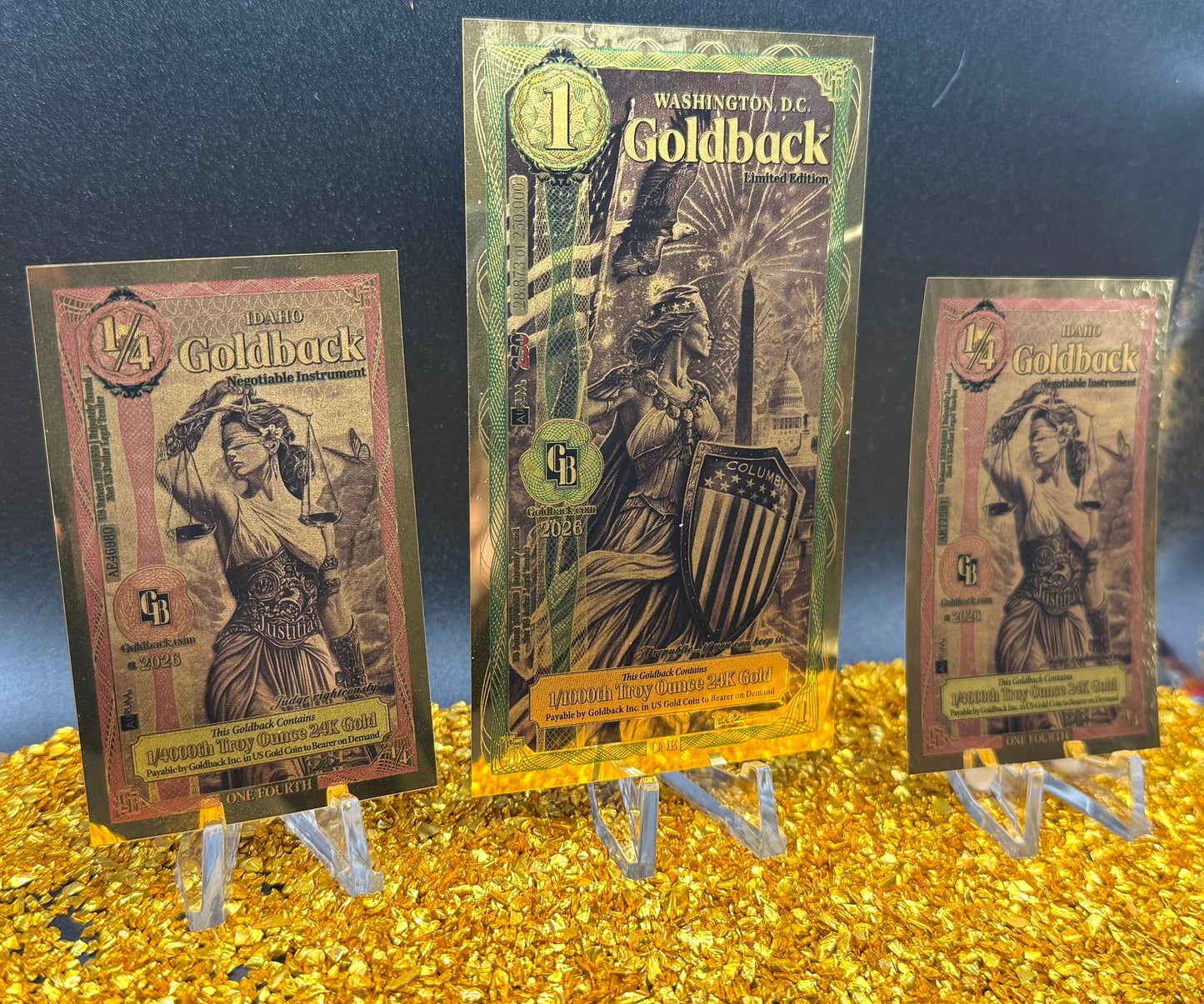 1/666 OZT 24K 1x1 WASHINGTON DC 2 x 1/4 IDAHO GOLDBACK AURUM NOTE ALPHA + SLEEVE