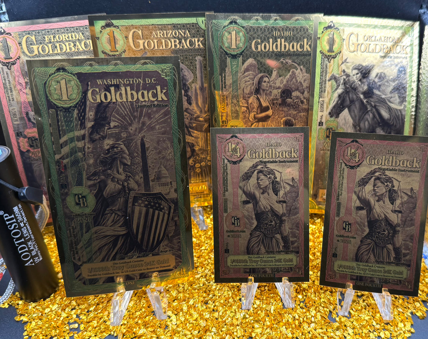 1/181 OZT 24K WASHINGTON DC, ARIZONA, FLORIDA, OKLAHOMA, IDAHO AURUM NOTES ALPHA + SLEEVE + UV LIGHT