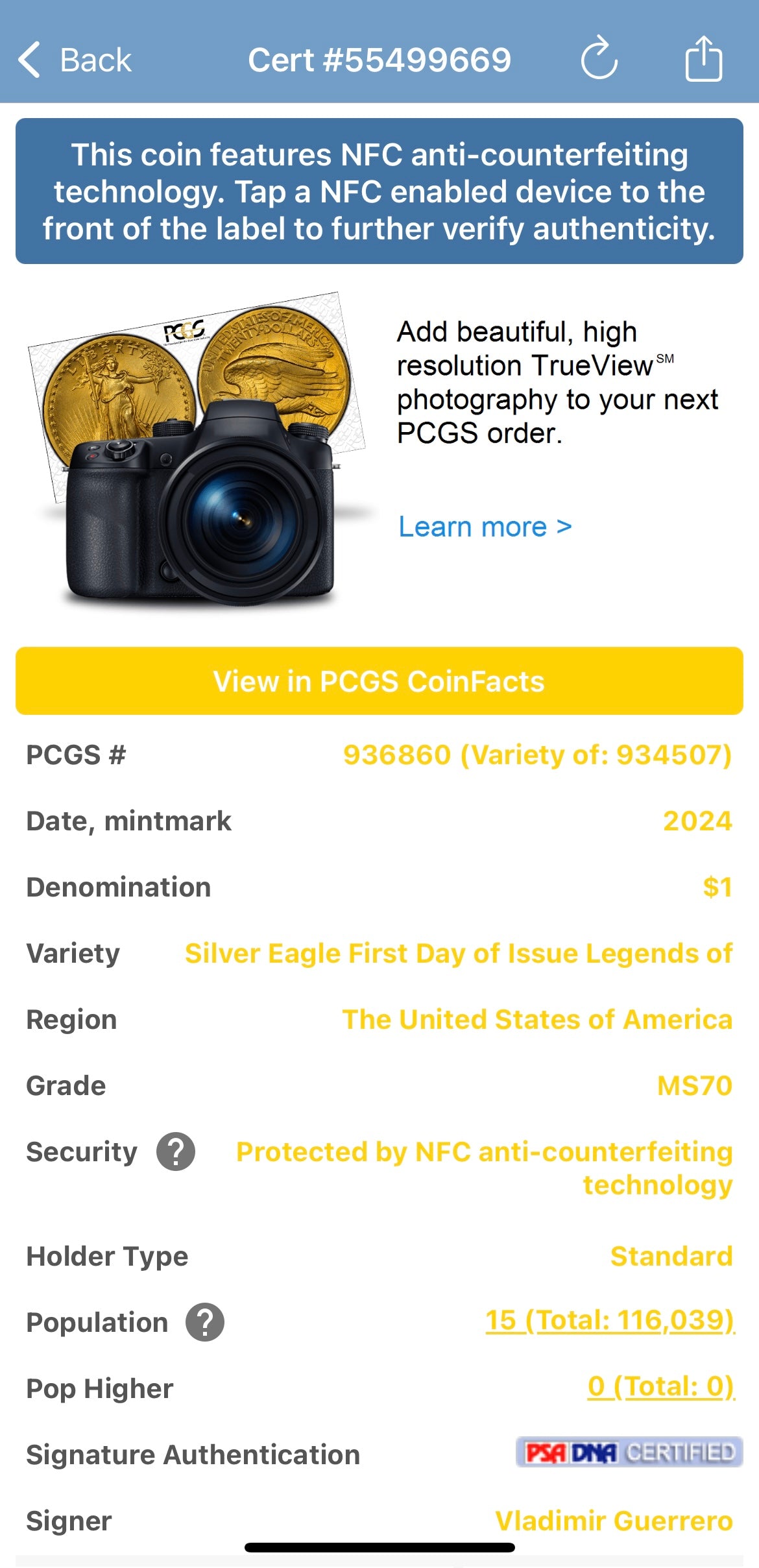 2024 $1 American Silver Eagle PCGS MS70 FDOI Legends of Life MLB Hall of Fame Vladimir Guerrero Signed Label Mint Condition (Rare 1 of 15)