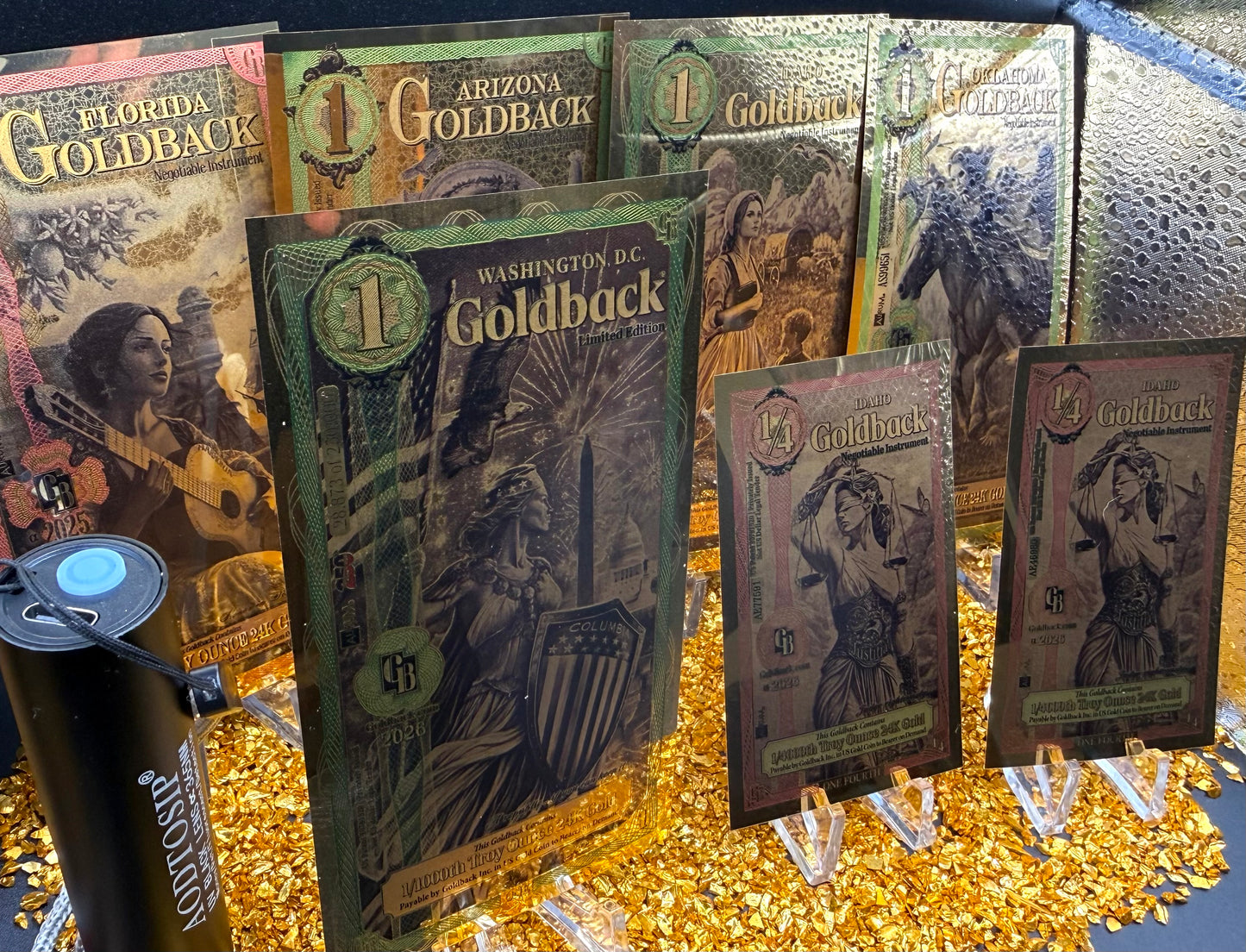 1/181 OZT 24K WASHINGTON DC, ARIZONA, FLORIDA, OKLAHOMA, IDAHO AURUM NOTES ALPHA + SLEEVE + UV LIGHT