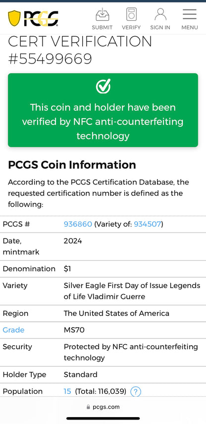 2024 $1 American Silver Eagle PCGS MS70 FDOI Legends of Life MLB Hall of Fame Vladimir Guerrero Signed Label Mint Condition (Rare 1 of 15)