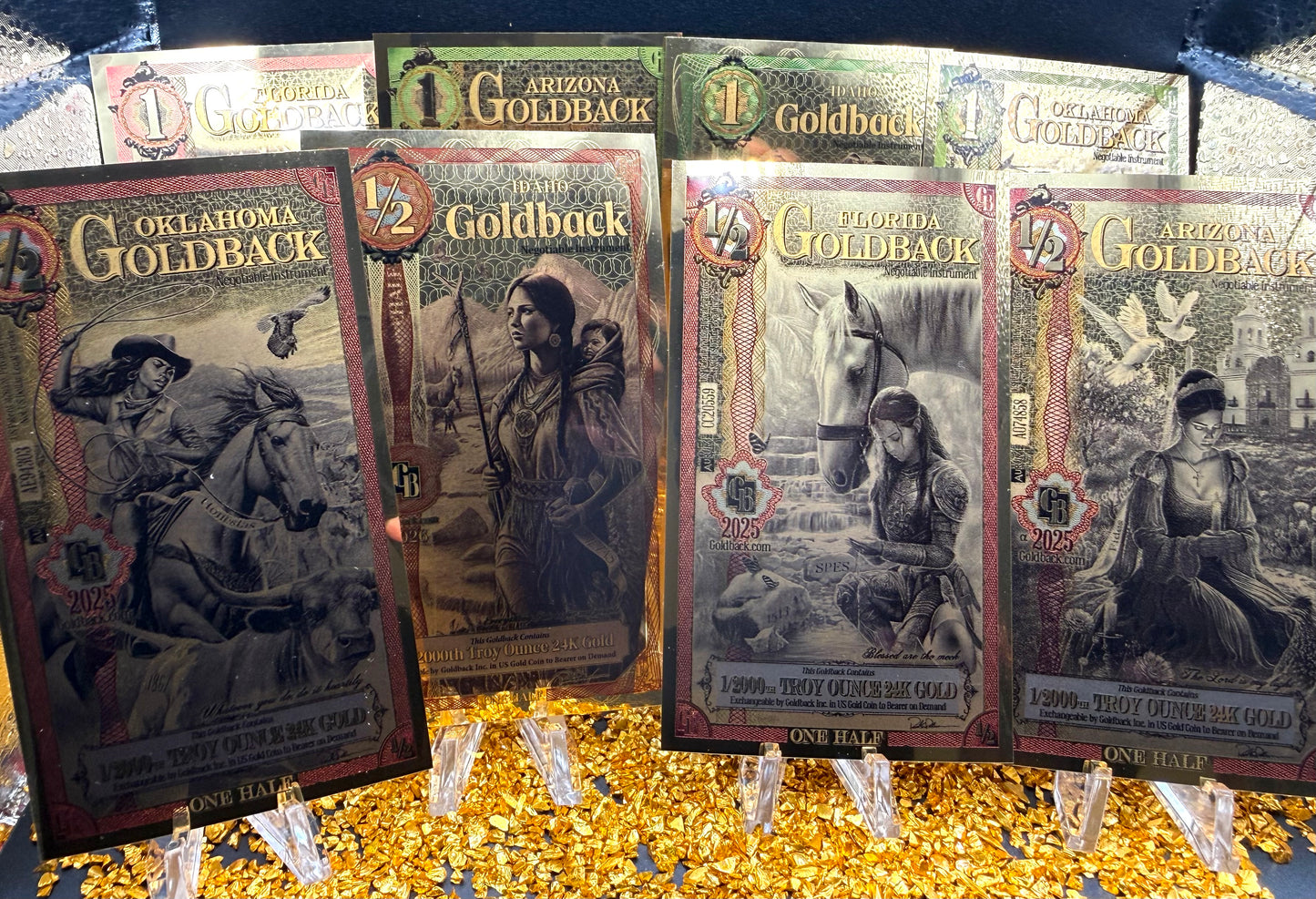 1/138 OZT 24K WASHINGTON DC, ARIZONA, FLORIDA, OKLAHOMA, IDAHO AURUM NOTES ALPHA + SLEEVE + UV LIGHT