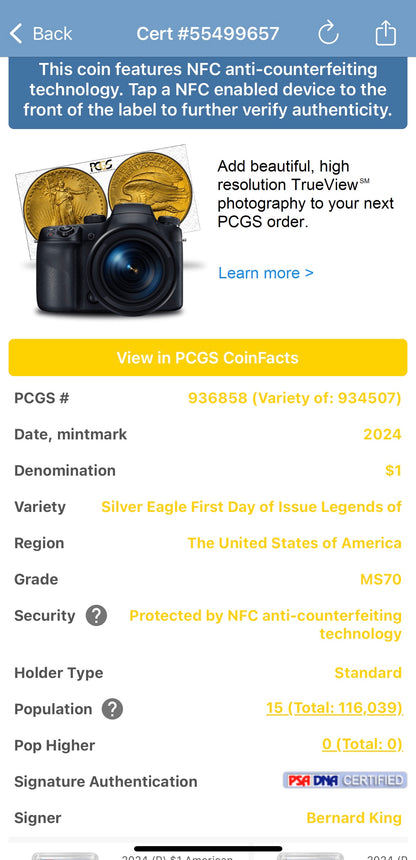 2024 $1 American Silver Eagle PCGS MS70 FDOI Legends of Life NBA Hall of Fame Bernard King Signed Label Mint Condition (Rare 1 of 15)