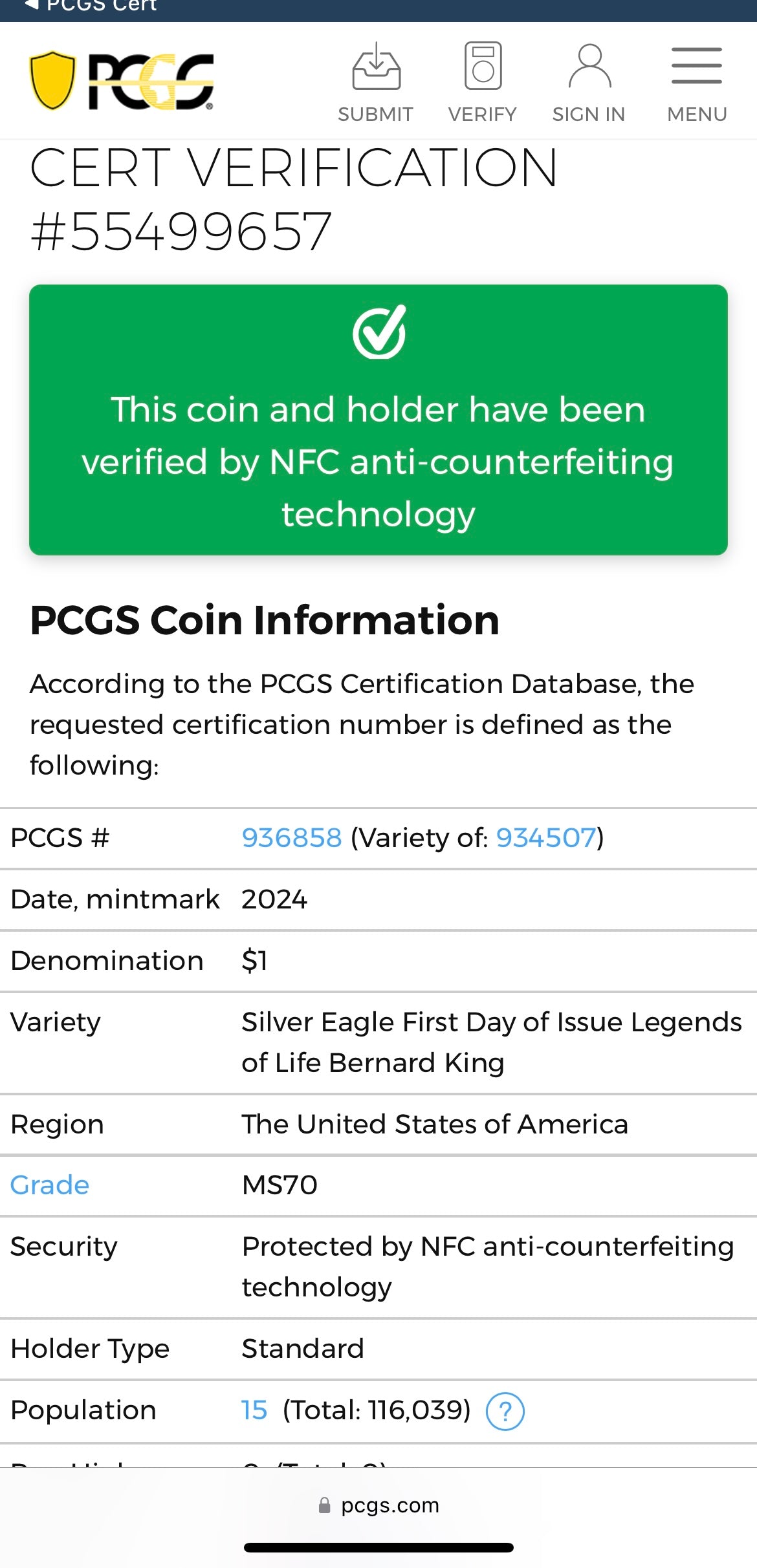 2024 $1 American Silver Eagle PCGS MS70 FDOI Legends of Life NBA Hall of Fame Bernard King Signed Label Mint Condition (Rare 1 of 15)