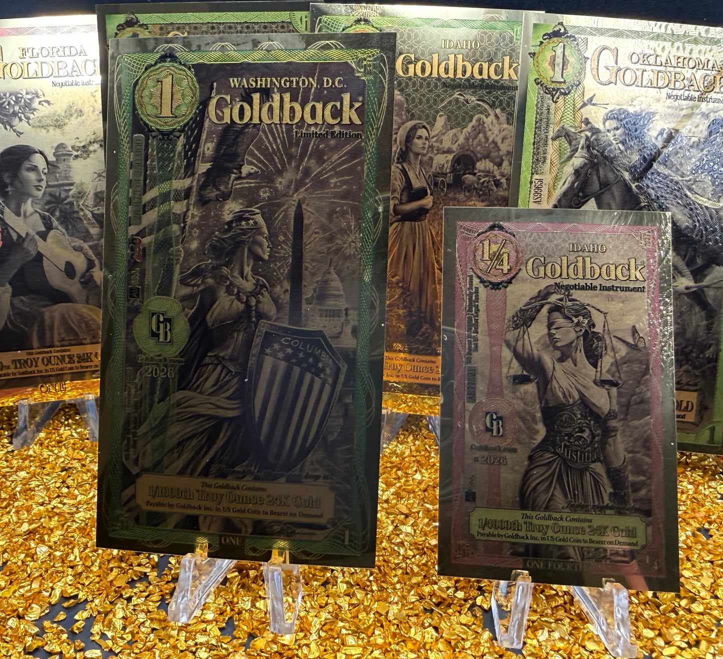 1/138 OZT 24K WASHINGTON DC, ARIZONA, FLORIDA, OKLAHOMA, IDAHO AURUM NOTES ALPHA + SLEEVE + UV LIGHT