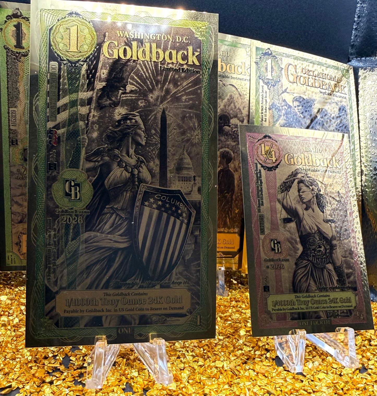 1/138 OZT 24K WASHINGTON DC, ARIZONA, FLORIDA, OKLAHOMA, IDAHO AURUM NOTES ALPHA + SLEEVE + UV LIGHT