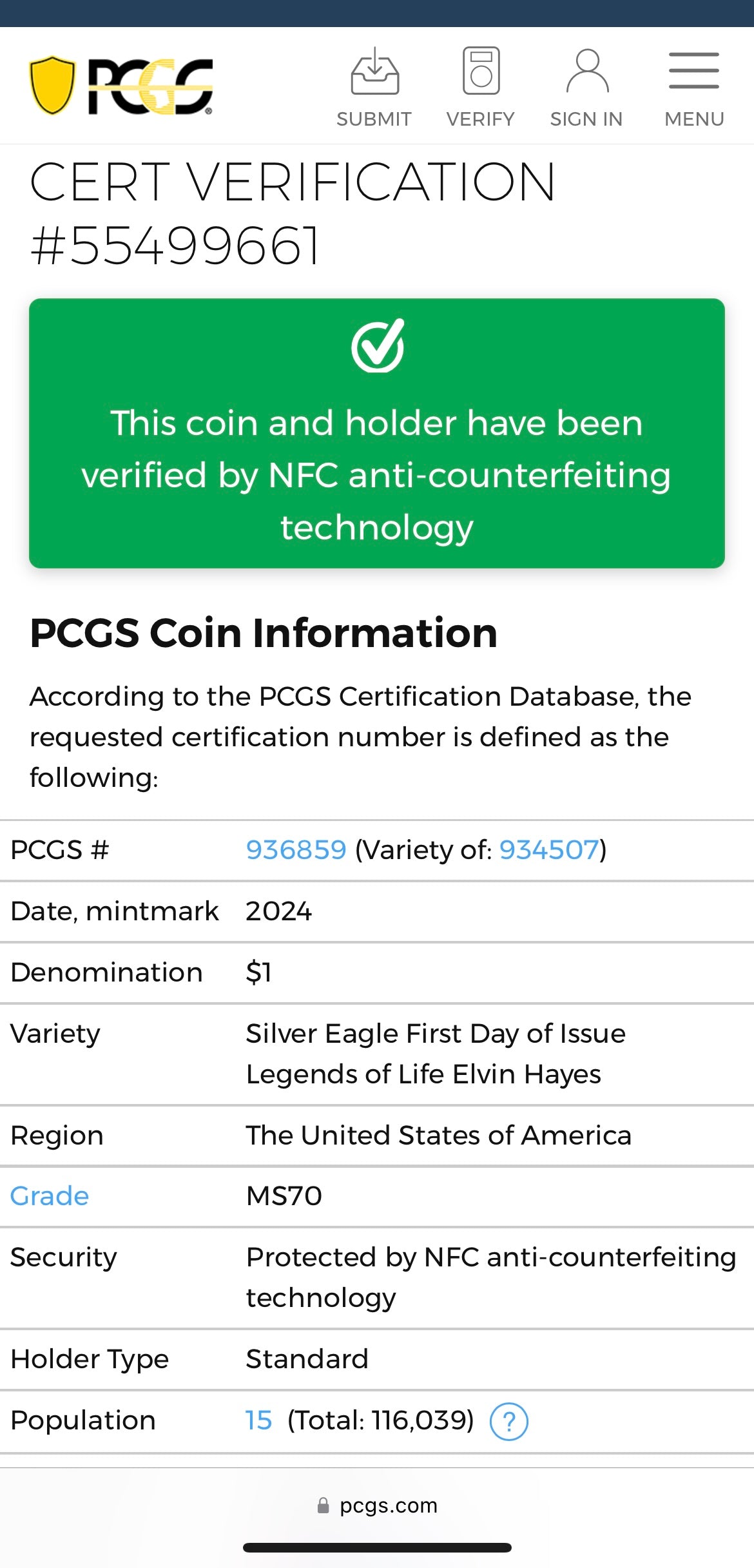 2024 $1 American Silver Eagle PCGS MS70 FDOI Legends of Life NBA Hall of Fame Elvin Hayes Signed Label (Rare 1 of 15)