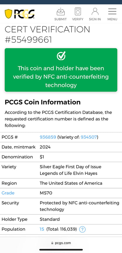 2024 $1 American Silver Eagle PCGS MS70 FDOI Legends of Life NBA Hall of Fame Elvin Hayes Signed Label (Rare 1 of 15)