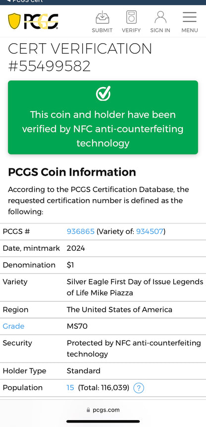 2024 $1 American Silver Eagle PCGS MS70 FDOI Legends of Life MLB Hall of Fame Mike Piazza Signed Label Mint Condition (Rare 1 of 15)