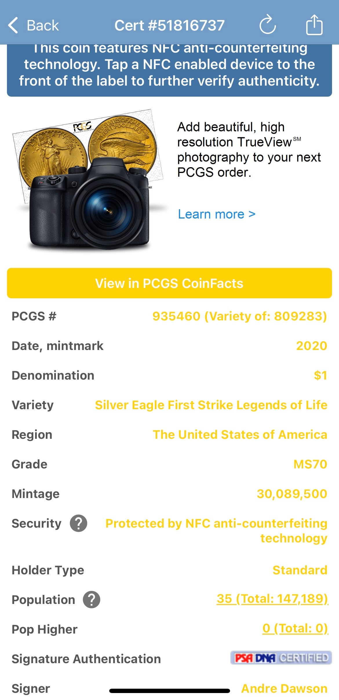 2020 $1 American Silver Eagle PCGS MS70 First Strike Legends of Life MLB Hall of Fame Andre Dawson Signed Label Mint Condition (1 of 35)