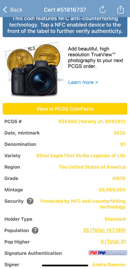 2020 $1 American Silver Eagle PCGS MS70 First Strike Legends of Life MLB Hall of Fame Andre Dawson Signed Label Mint Condition (1 of 35)