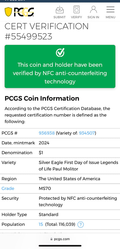 2024 $1 American Silver Eagle PCGS MS70 FDOI Legends of Life MLB Hall of Fame Paul Molitor Signed Label Mint Condition (Rare 1 of 15)