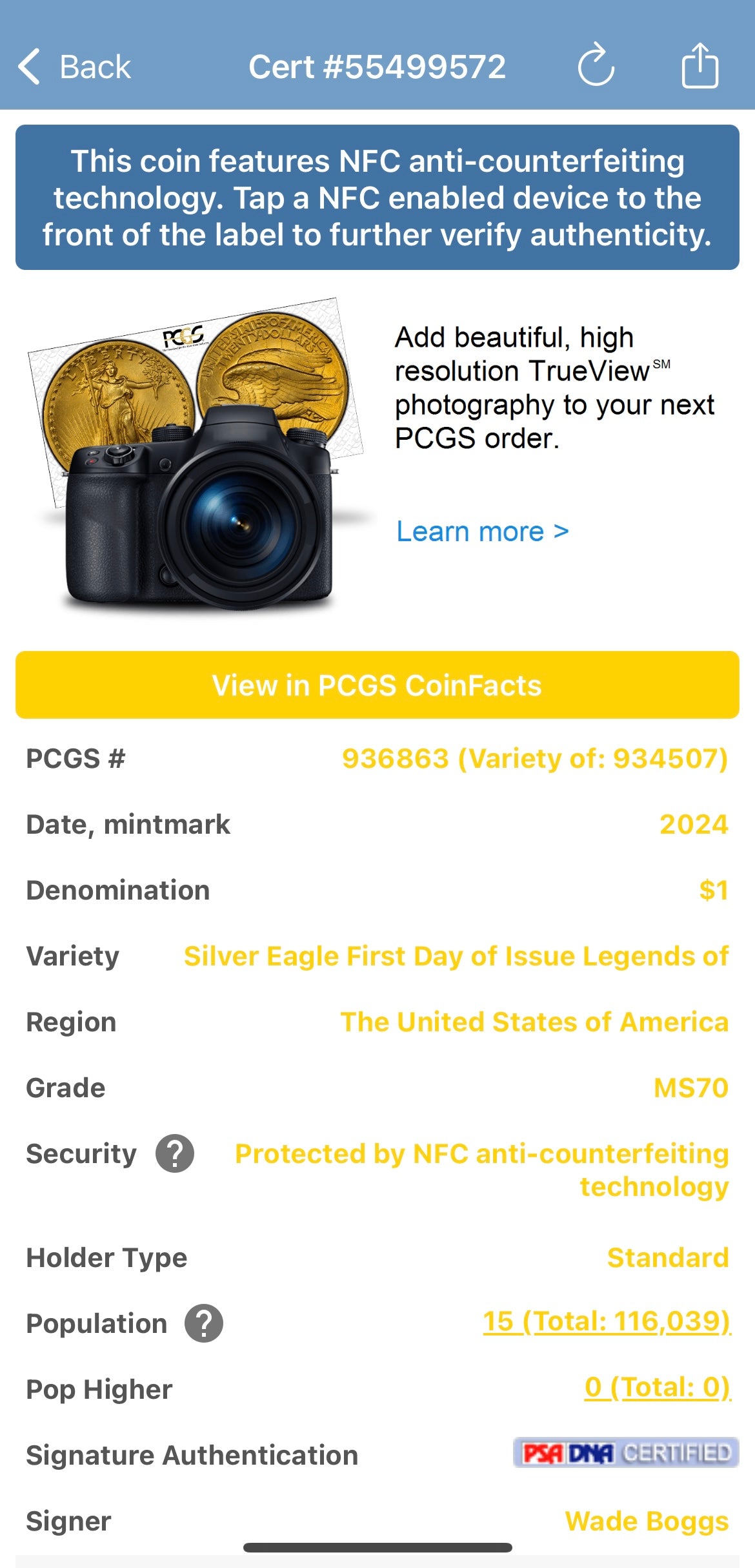 2024 $1 American Silver Eagle PCGS MS70 FDOI Legends of Life MLB Hall of Fame Wade Boggs Signed (Rare 1 of 15)