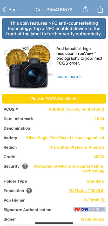 2024 $1 American Silver Eagle PCGS MS70 FDOI Legends of Life MLB Hall of Fame Wade Boggs Signed (Rare 1 of 15)