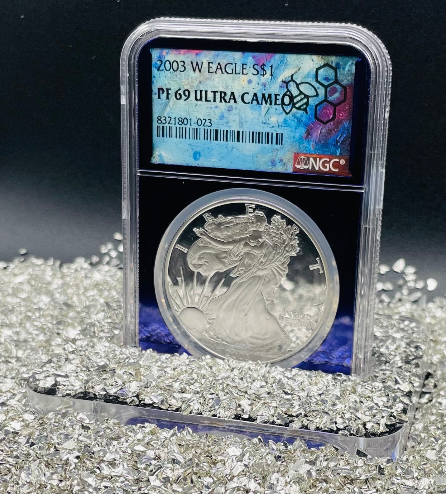 Proof 2003 (W) $1 American Silver Eagle NGC PF69 Trader Bea Private Issue Purple Foil New Holder Rare