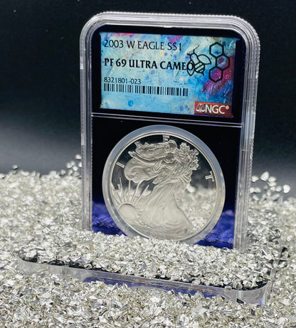 Proof 2003 (W) $1 American Silver Eagle NGC PF69 Trader Bea Private Issue Purple Foil New Holder Rare