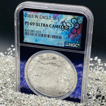 Proof 2003 (W) $1 American Silver Eagle NGC PF69 Trader Bea Private Issue Purple Foil New Holder Rare