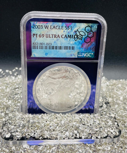 Proof 2003 (W) $1 American Silver Eagle NGC PF69 Trader Bea Private Issue Purple Foil New Holder Rare