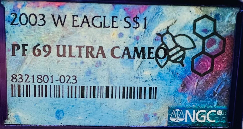 Proof 2003 (W) $1 American Silver Eagle NGC PF69 Trader Bea Private Issue Purple Foil New Holder Rare