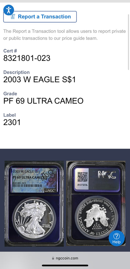 Proof 2003 (W) $1 American Silver Eagle NGC PF69 Trader Bea Private Issue Purple Foil New Holder Rare