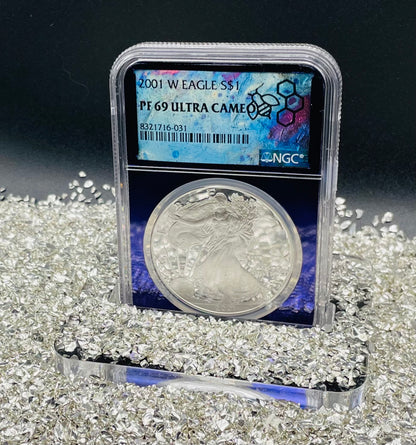 Proof 2001 (W) $1 American Silver Eagle NGC PF69 Trader Bea Private Issue Purple Foil Mint Condition Rare