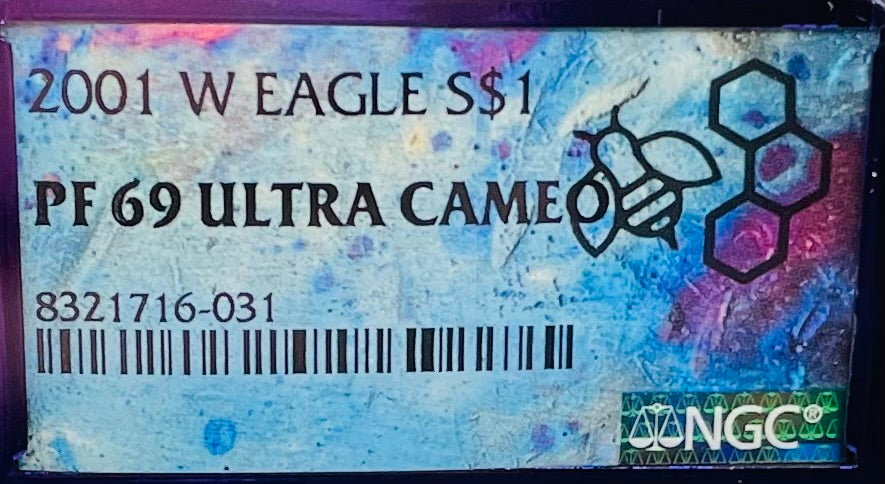 Proof 2001 (W) $1 American Silver Eagle NGC PF69 Trader Bea Private Issue Purple Foil Mint Condition Rare