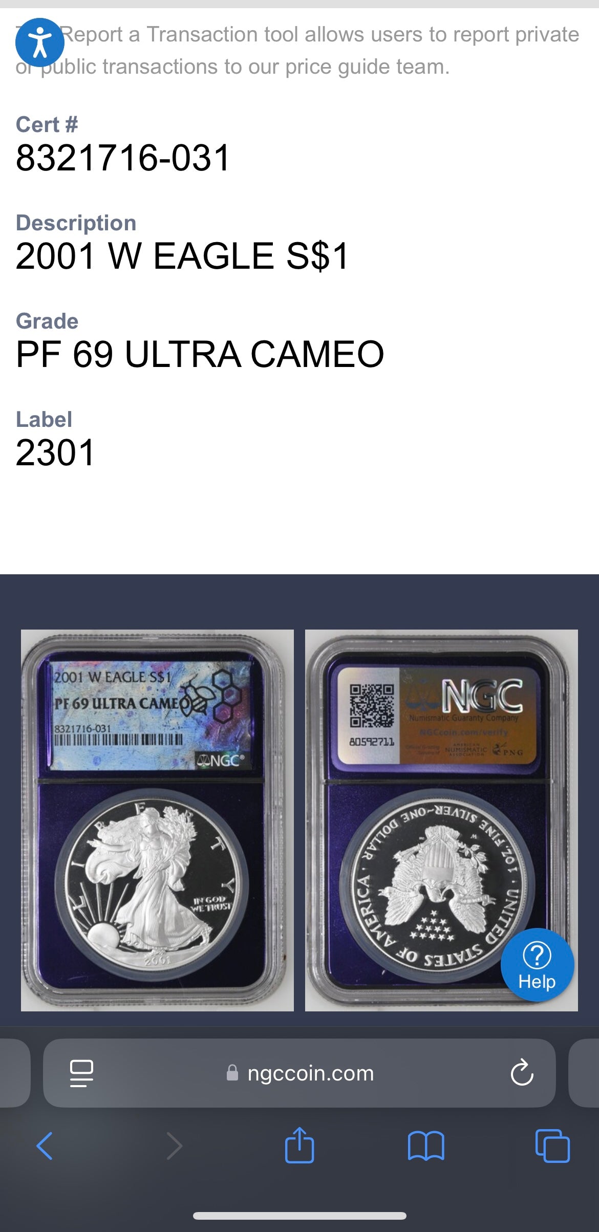 Proof 2001 (W) $1 American Silver Eagle NGC PF69 Trader Bea Private Issue Purple Foil Mint Condition Rare