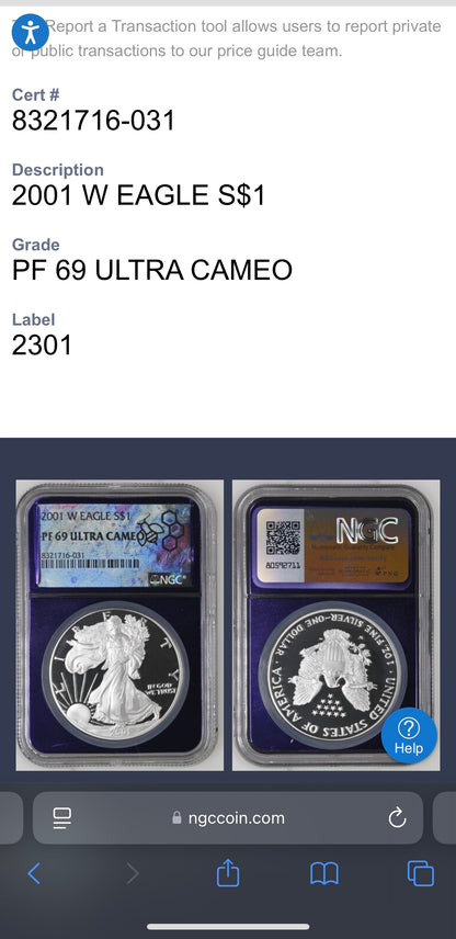 Proof 2001 (W) $1 American Silver Eagle NGC PF69 Trader Bea Private Issue Purple Foil Mint Condition Rare