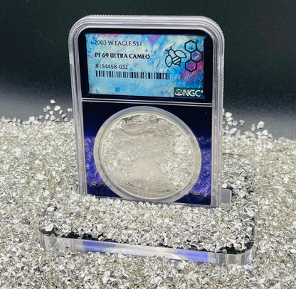 Proof 2003 (W) $1 American Silver Eagle NGC PF69 Trader Bea Private Issue Purple Foil Holder Rare