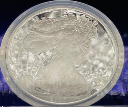 Proof 2003 (W) $1 American Silver Eagle NGC PF69 Trader Bea Private Issue Purple Foil Holder Rare