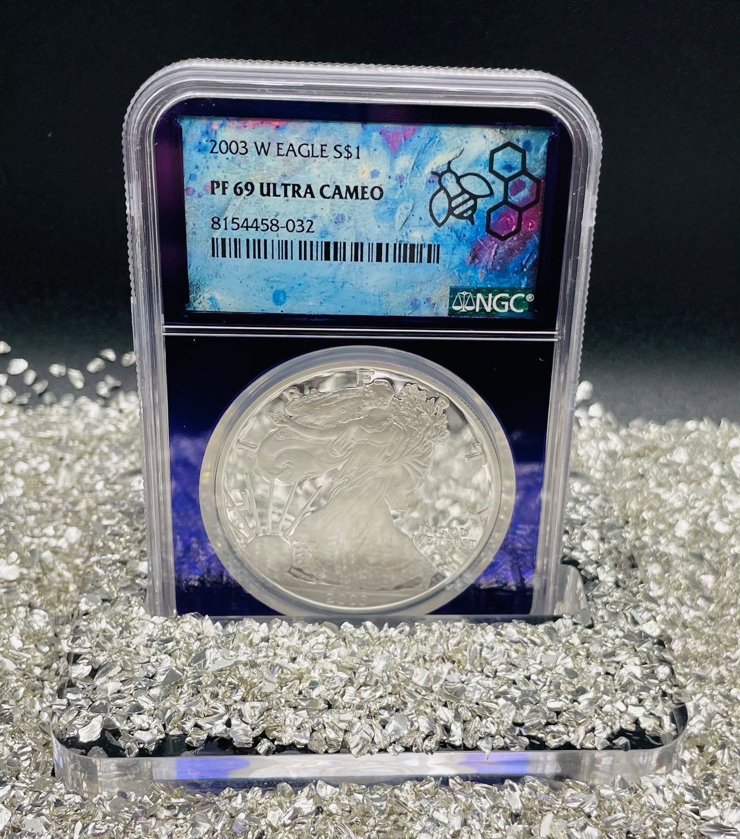 Proof 2003 (W) $1 American Silver Eagle NGC PF69 Trader Bea Private Issue Purple Foil Holder Rare