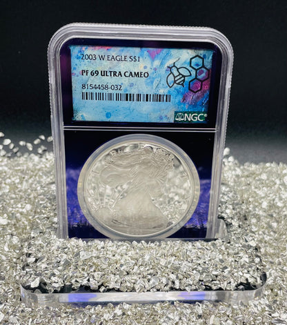 Proof 2003 (W) $1 American Silver Eagle NGC PF69 Trader Bea Private Issue Purple Foil Holder Rare