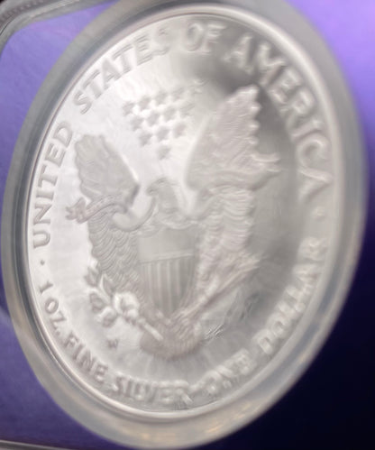 Proof 2003 (W) $1 American Silver Eagle NGC PF69 Trader Bea Private Issue Purple Foil Holder Rare