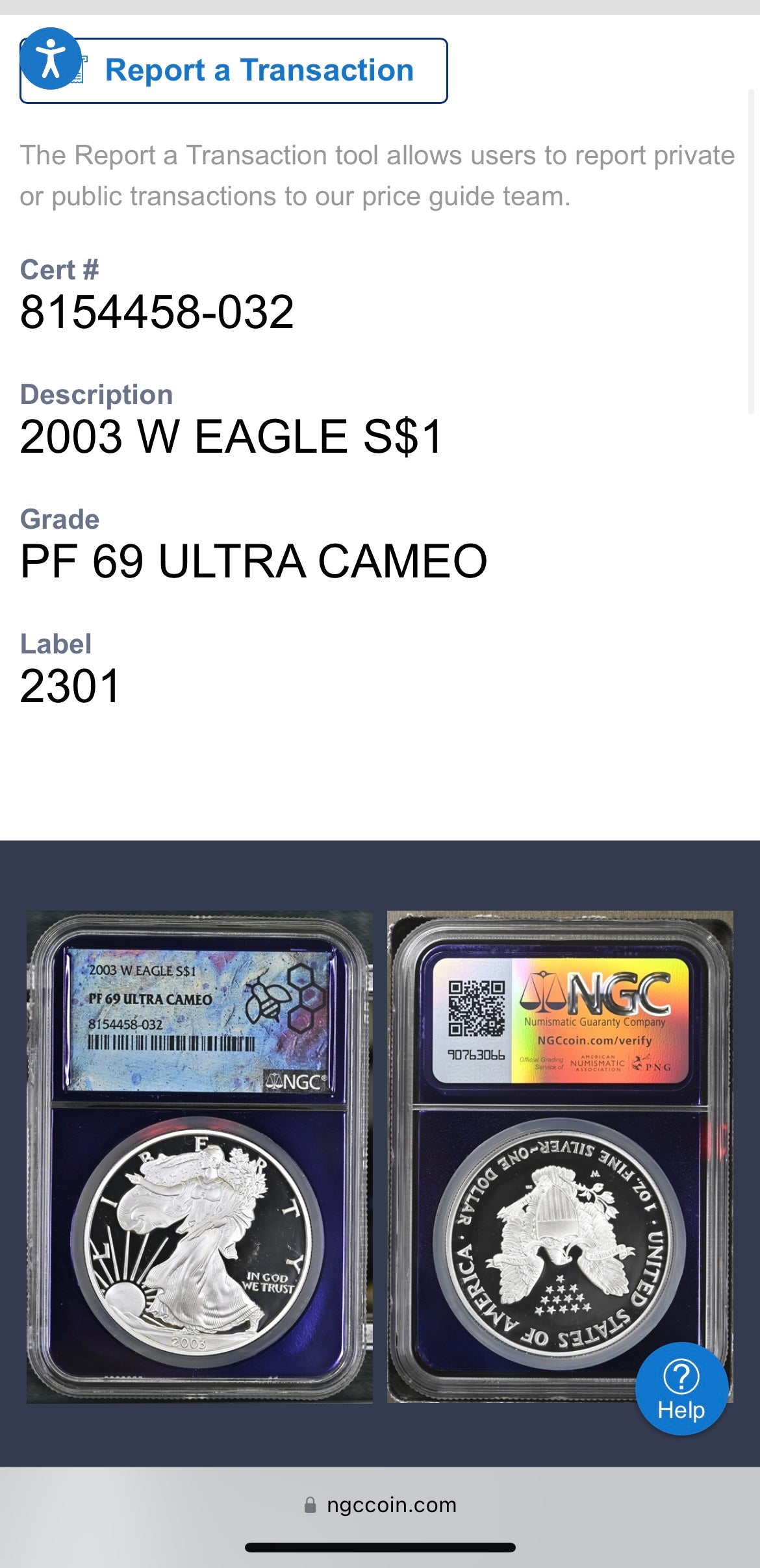 Proof 2003 (W) $1 American Silver Eagle NGC PF69 Trader Bea Private Issue Purple Foil Holder Rare