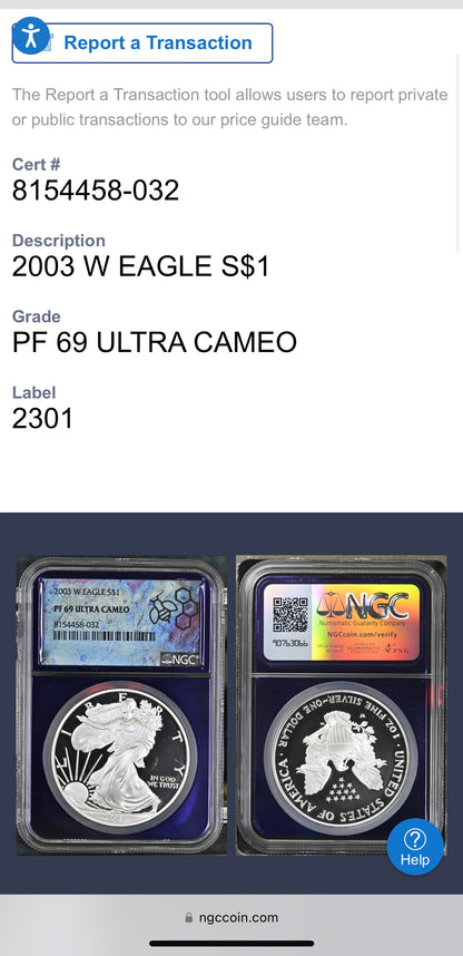 Proof 2003 (W) $1 American Silver Eagle NGC PF69 Trader Bea Private Issue Purple Foil Holder Rare