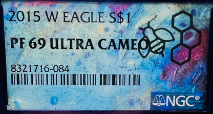 Proof 2015 (W) $1 American Silver Eagle NGC PF69 Trader Bea Private Issue Purple Foil New Holder Rare