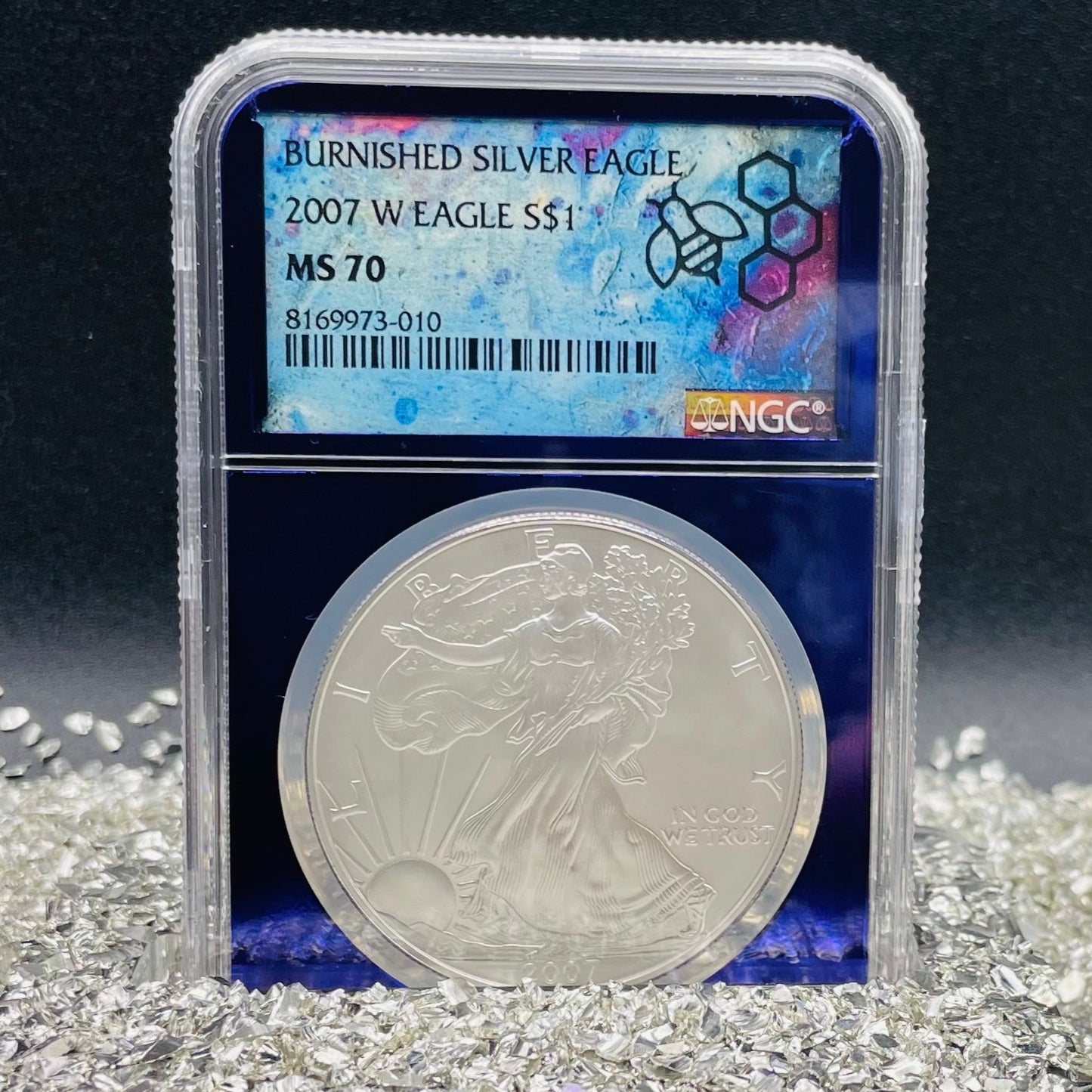 Burnished 2007 $1 (W) American Silver Eagle NGC MS70 Private Issue Limited Edition Trader Bea Purple Holder Mint Condition