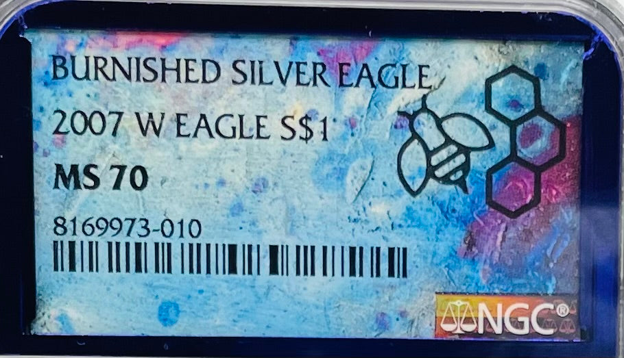 Burnished 2007 $1 (W) American Silver Eagle NGC MS70 Private Issue Limited Edition Trader Bea Purple Holder Mint Condition